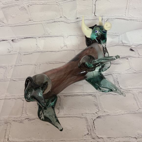 Murano Mouth Blown Glass Bull Cobalt Blue White Swirl Horned Figurine Large - Picture 2 of 7